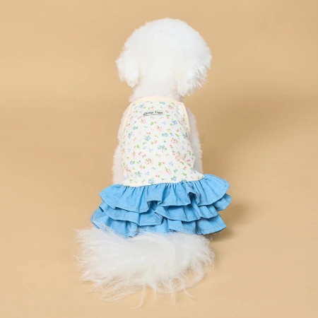 Cross-border exclusive anti-shedding breathable floral pet dress, Korean small dog clothing, denim skirt hem Cross-border exclusive anti-shedding breathable floral pet dress, Korean small dog clothing, denim skirt hem